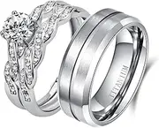 [loversring] Wedding Ring Sets His and Hers Promise Ring Adjustable Size Wedding Ring Sets His and Hers Couples Women 925 Sterling Silver Round Cz Man Titanium Wedding Bands