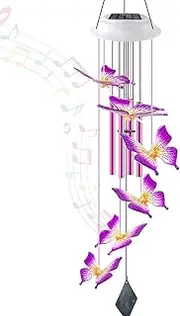 Purple Butterfly Solar Wind Chimes, Valentines Day Gifts for Him, Glowing Top Color Changing Moblie LED Wind Chime for Outside, Outdoor Home Party Garden Decor Light
