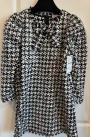 Zara Sequin Black & White Houndstooth Sequin Dress Frayed Fringed Trim Women’s S