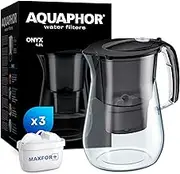 AQUAPHOR Onyx Black Water Filter Jug - Counter Top Design with 4.2L Capacity, 3 X MAXFOR+ Filters Included Reduces Limescale Chlorine & Microplastics Perfect for Families, Premium Quality Glass Effect