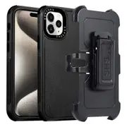 For iPhone 15 Plus Rugged Protective Cover TPU+PC Belt Clip Kickstand Phone Case-All Black