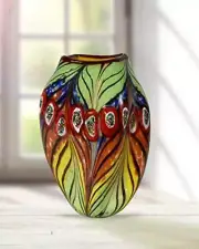 Colorful Peacock Feather Vase, Textured Tiffany Favrile Art Glass, Hand Blown
