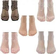 [Comimark] Women's Lace Floral Trim Boat Socks - 5 Pairs, Fashion Invisible Lace Ankle Socks, As Shown