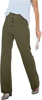 [DSAoTeng] Women's High Waist Stretch Pants - Spring Casual Stretchy Straight Leg Trousers with Multiple Pockets, Button Elastic Waist Flexi Pants for Work Business Everyday Wear