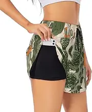 [WURTON] Green Cactus Print Exercise Gym Workout Shorts Women's Athletic Shorts Dual-Layered Yoga Running Shorts