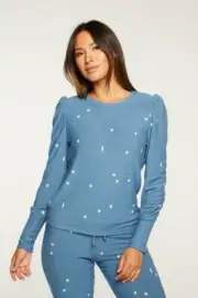 Chaser Starry Bolts Cozy Knit Puff Sleeve Pullover Top St.Croix ( M )