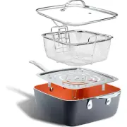 Nonstick 9.5" Square Ceramic Deep Fry Pan w/ Tempered Glass Lid & Steamer Insert