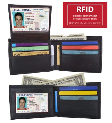 RFID Signal Blocking Men's Bifold Leather Wallet Card Flap Top Front Pocket