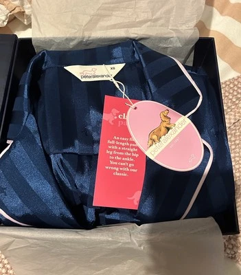 Ladies XS Peter Alexander Winter Pyjamas Navy Stripe Satin With Pink Outline