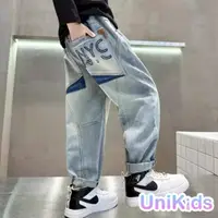 在飛比找momo購物網優惠-【UniKids】中大童裝牛仔長褲 撞色字母設計 男大童裝 
