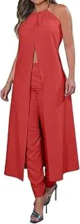 [Generic] Fashion Two Piece Sets for Women Going Out Summer Outdoor Halter Sleeveless Backless Slit Midi Dresses Elegant Beach Work Matching Long Pant Set Chic