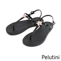在飛比找momo購物網優惠-【Pelutini】花朵配飾亮面夾腳T字涼鞋 黑色(1211