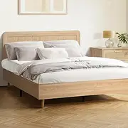 Oikiture Double Bed Frame, Rattan Headboard Wooden Bed