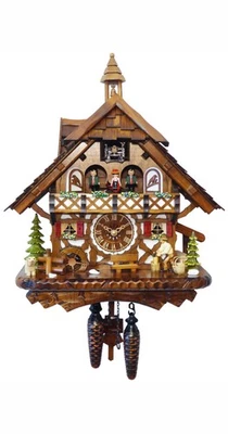 Quartz Cuckoo Clock Black Forest house with moving wood choppe.. EN 4491 QMT NEW