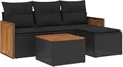 vidaXL - Modular Garden Sofa Set with Cushions - Black Poly Rattan - Acacia Wood Tabletop - 5 Piece - Outdoor Patio Terrace Furniture