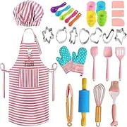 BBplusDD Kids Baking and Cooking Sets - 38 Pcs Real Baking Supplies for Junior Chef Includes Kids Apron and Chef Hat, Oven Mitts, Baking Utensils - Complete Gift Cooking Kits for The Curious Child