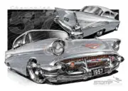 Classic 57 CHEVY INCA SILVER/IVORY ROOF A2 FRAMED PRINT (C004B)