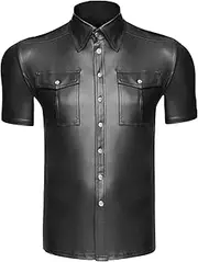 [Maiyifu-GJ] Men Shiny Metallic Button Down T Shirt Faux Leather Short Sleeve Dress Shirts Luxury Slim Nightclub Party Shirts