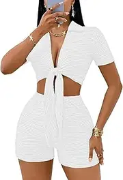 [BARASA] Women's 2 Piece Outfit V Neck Tie Front Short Sleeve Crop Top with High Waist Shorts Casual Athletic Workout Set DSD42