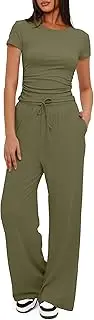 [Generic] Women's 2 Piece Outfits Lounge Sets Ruched Short Sleeve Tops and High Waisted Wide Leg Pants Tracksuit Sets, Army Green, Medium