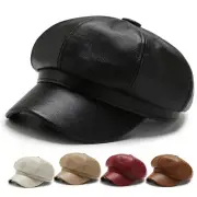 Women Newsboy Hat Faux Leather Cabbie Caps Beret Gatsby Ivy Baker Boy Black