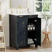 24 Inch Bathroom Vanity with Sink Bathroom Sink Cabinet Small Bathroom Vanity Vintage Bathroom Vanity with Ceramic Sink, 2 Soft-Close Doors,Black