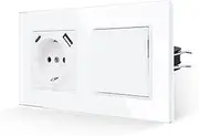 JIMEIDA Light Switch with Socket in White, 16 Amp Glass Sockets with Fast Charging USB and Type C Port Max. 2.1 A, Flush-Mounted Wall Socket 157 x 86 mm, 250 V