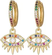 [Rofeego] Evil Eye Drop/Dangle Huggie Earrings, Gold Plated Small Hoop Jewellery with Charm | Lightweight | Multicolored Stones, 13*27 MM, Brass, Created Cubic Zirconia