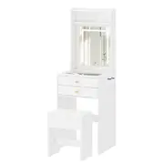 Advwin Dressing Table Set with Glass Desktop Makeup Desk Mirror LED Light Storage Drawers White