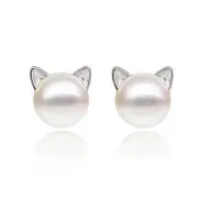 Earrings Cute Cat Freshwater Cultured Pearl Sterling Silver Stud