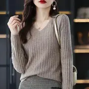 Long-Sleeve V-Neck Plain Ribbed Knit Top Camel - One Size