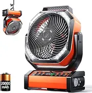 Camping LED Fan with Light, 20000mAh Rechargeable Battery Powered Outdoor Tent Fan with Light and Hook, 8 Speed, Personal USB Desk Fan for Camping, Fishing, Power Outage,Hurricane, Worksite