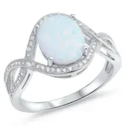 Lab Created White Opal Oval Stone Twisted Infinity Band Ring