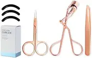 [EIAKE] 3 in 1 Rose Golden Eyelash Makeup Tools Set with Eyelash Curler, Eyebrow Tweezers, Eyelashes Eyebrow Scissors and 3Pcs Silicone Refill Replacement Pads, Women Eye Lash Curlers Beauty Makeup Kits for All Eye Shapes
