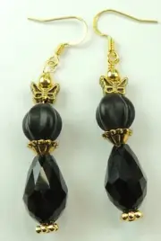 Black Briolette Teardrop Crystal Earrings Grooved Spheres Butterfly Handmade