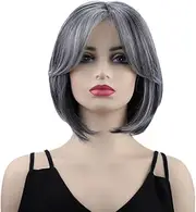Short Grey Bob Wig with Curtain Bangs for White Ladies Chin Length Grey Highlight Wigs Synthetic Natural Look Salt and pepper wigs (Grey, One size)