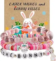 [YUZHEJIE] Easter Bracelets Basket Stuffers Gifts Natural Stone Cross Bracelet and Clay Bunny Bracelets Christian Baptism Confirmation Gifts for Gir Granddaughter Daughter Niece, 6.5, Stone and Clay, no