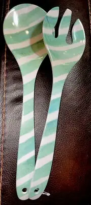 Serving Spoon Fork Salad Tossers Hanging Set Melamine Tropical Teal & White 13”