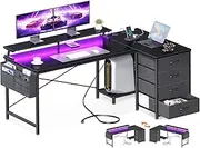 ODK L Shaped Computer Desk with Monitor Stand 140x80cm,Reversible Corner Gaming Desk with LED Lights & Power Outlets& Storage Drawers,for Home Office Writing Study,140 * 80 * 89cm,Black