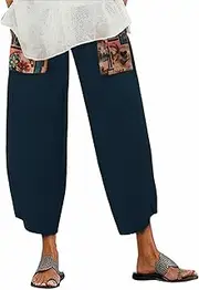 [ZANZEA] Women's Casual Harem Trousers Summer Boho Retro Print Cotton Cropped Pants Loose Fit Hippie Elasticated Waist with Pockets Lounge Yoga Pants Beach Trousers