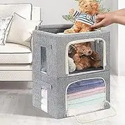 Clothes Storage Box Bin Cotton and Linen Foldable Container Organizer Set with Clear Window & Carry Handles & Metal Frame - 2 Packs Large Capacity for Bedding, Blankets,Toys(Grey, Small-22L-2 Pack)