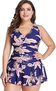 [Movocaty] Women's Swimsuit Large Size with Boyshort, Premium Tankini Women's Large Size Plus Size Swimwear A-line Push Up Swimming Dress Women's Large Sizes Tummy Control Tankini Two