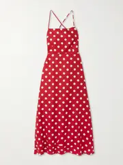 [Posse] Posse - Lori Polka-dot Linen Midi Dress - Red - large large Red