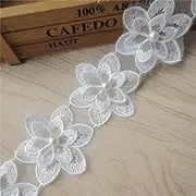 2 Yards White Soluble Pearl Flowers Organza Lace Edge Trim Ribbon Embroidered Handmade Wedding Appliques Patchwork Sewing Supplies Craft Bridal Dress Ornaments Costume Hat Decoration 55mm Width