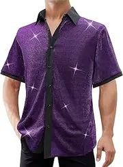 [FEOYA] Men Sequins Shirt Shiny Dress Shirt 70s Disco Sparkly Metallic Shirt Summer Glitter Top Button Down Dance Nightclub Blouse Short Sleeve