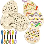 JSRQT 5 Pieces Wooden Sewing Cross-Stitch Easter Craft Cross Stitch Kit Egg Wooden Cross Stitch Keyring Kits DIY Embroidery Starter Set for Children Beginners Bookmark Sewing Frames Needles Threads
