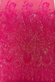 FEATHER - Design Sequins Embroider 4 Way Stretch Mesh Fabric By Yard
