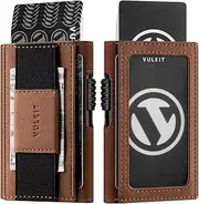 [VULKIT] Pop Up Wallet with ID Window and Cash Strap for Max. 8 Cards, Slim Aluminum Pop Up Card Case with Minimalist Leather Sleeve, Brown