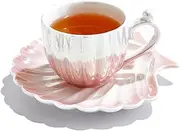 [HwaGui] Pearl Shell Cup and Saucer - 8oz Gradient Ceramic Coffee Mug, Vintage Tea Cup, Cappuccino Cup, Latte Art Cup for Birthday Gift (Gradient Pink)