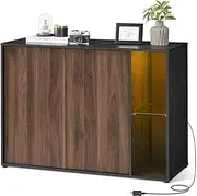 SONGMICS HOME Superfast Toolless Assembly, Storage Cabinet, Accent Buffet Cabinet with Lighting and Glass Shelf, Sideboard, Minimalist, Natural Walnut and Ebony Black UBBK372B02